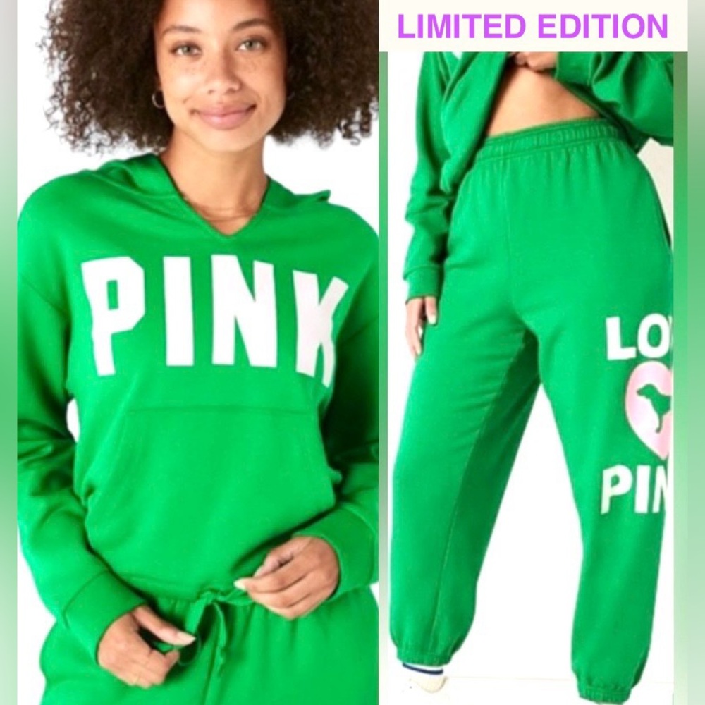 💚NWT VS PINK ORIGINALS LIMITED EDITION SET GREEN/PINK GLITTER JOGGERS HOODIE XL